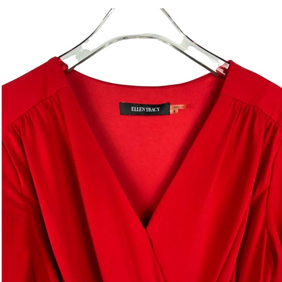 Ellen Tracy Wrap Dress, Red Dress, Faux Wrap Dress with 3/4 Sleeves, Lined - Picture 4 of 16